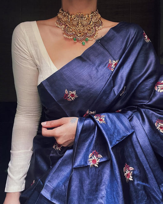 NAVY BLUE LINEN PRINTED SAREE