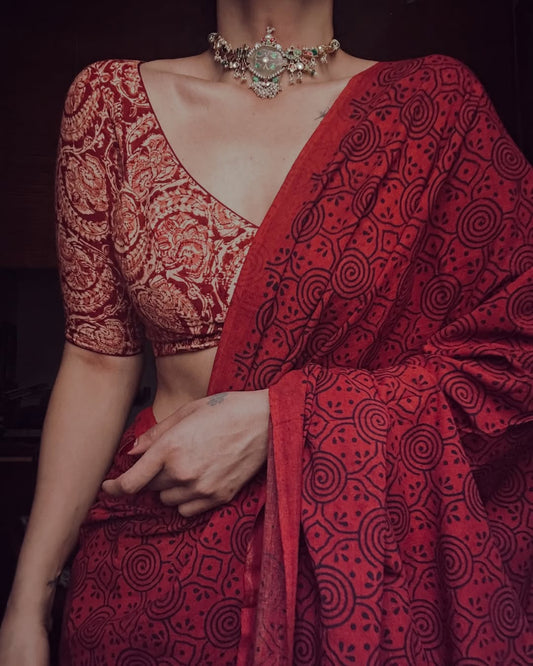 LINEN RED PRINTED SAREE