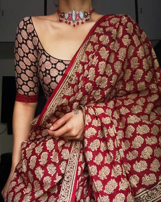 LINEN RED PRINTED SAREE