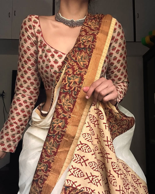 LINEN WHITE PRINTED SAREE