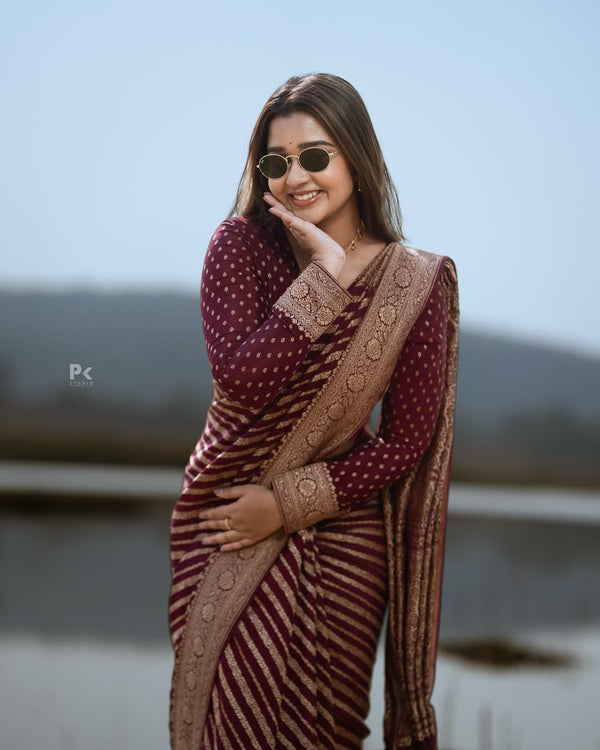Exceptional Wine Soft Silk Saree With Cynosure Blouse Piece