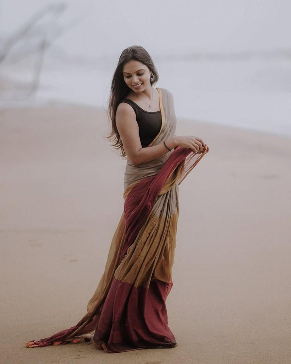 Earthy Brown & Maroon Handloom Cotton Saree with Subtle Golden Border