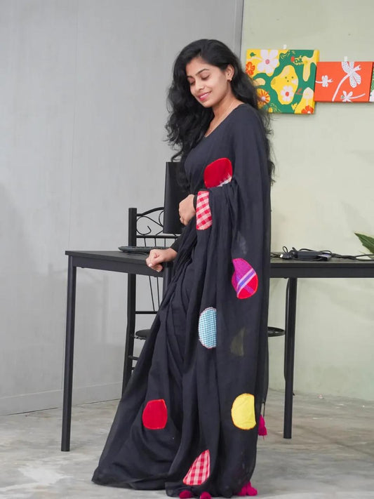 Trendy Black Cotton Saree with Multicolor Patchwork Circles and Minimal Border