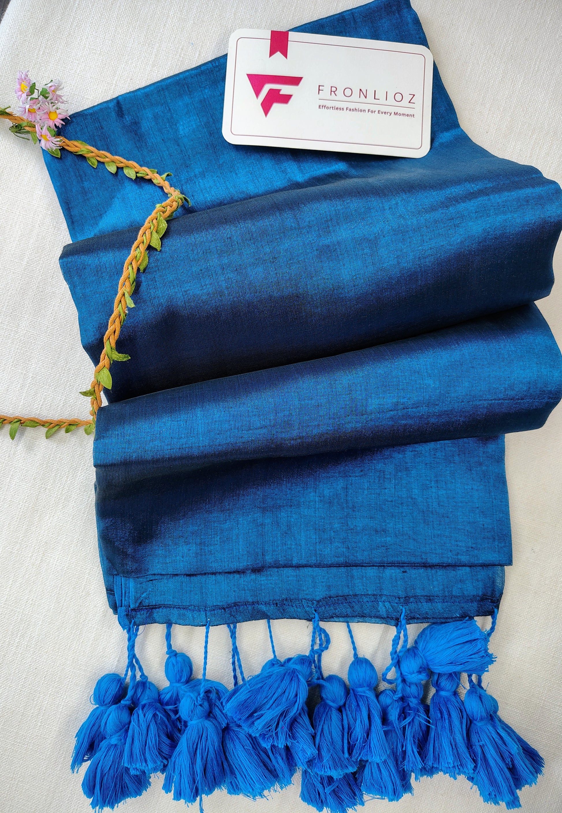 Sky And sky  Pom Pom Handloom Raga Tissue Saree-Fronlioz