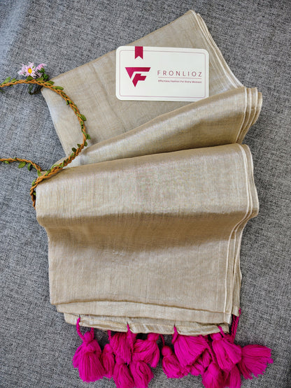 Cream And Pink Pom Pom Handloom Raga Tissue Saree-Fronlioz