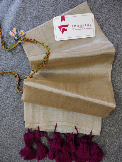 Cream And Purple Pom Pom Handloom Raga Tissue Saree-Fronlioz