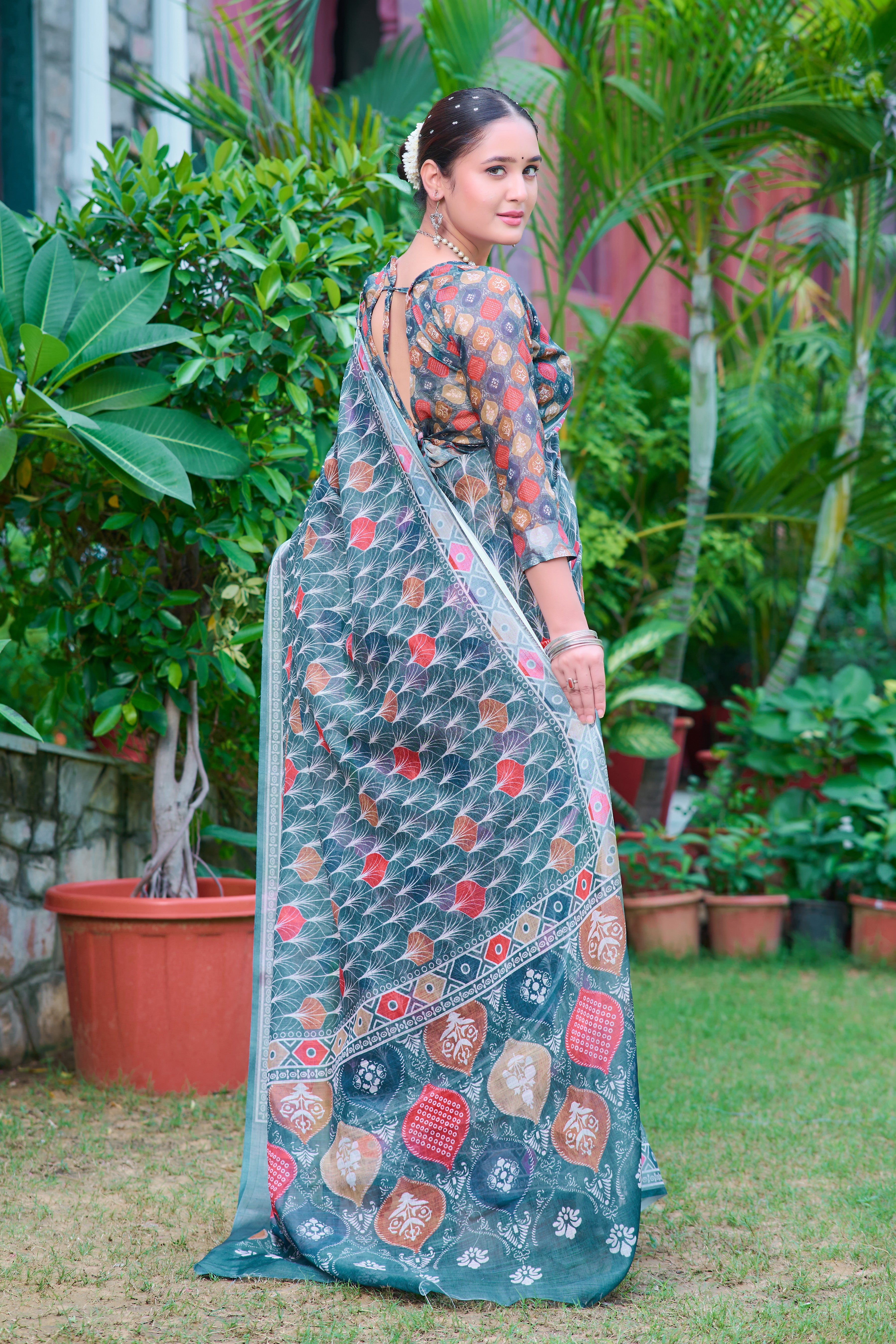 FANCY COTTON LINEN SAREE WITH SUPERB DIGITAL PRINT