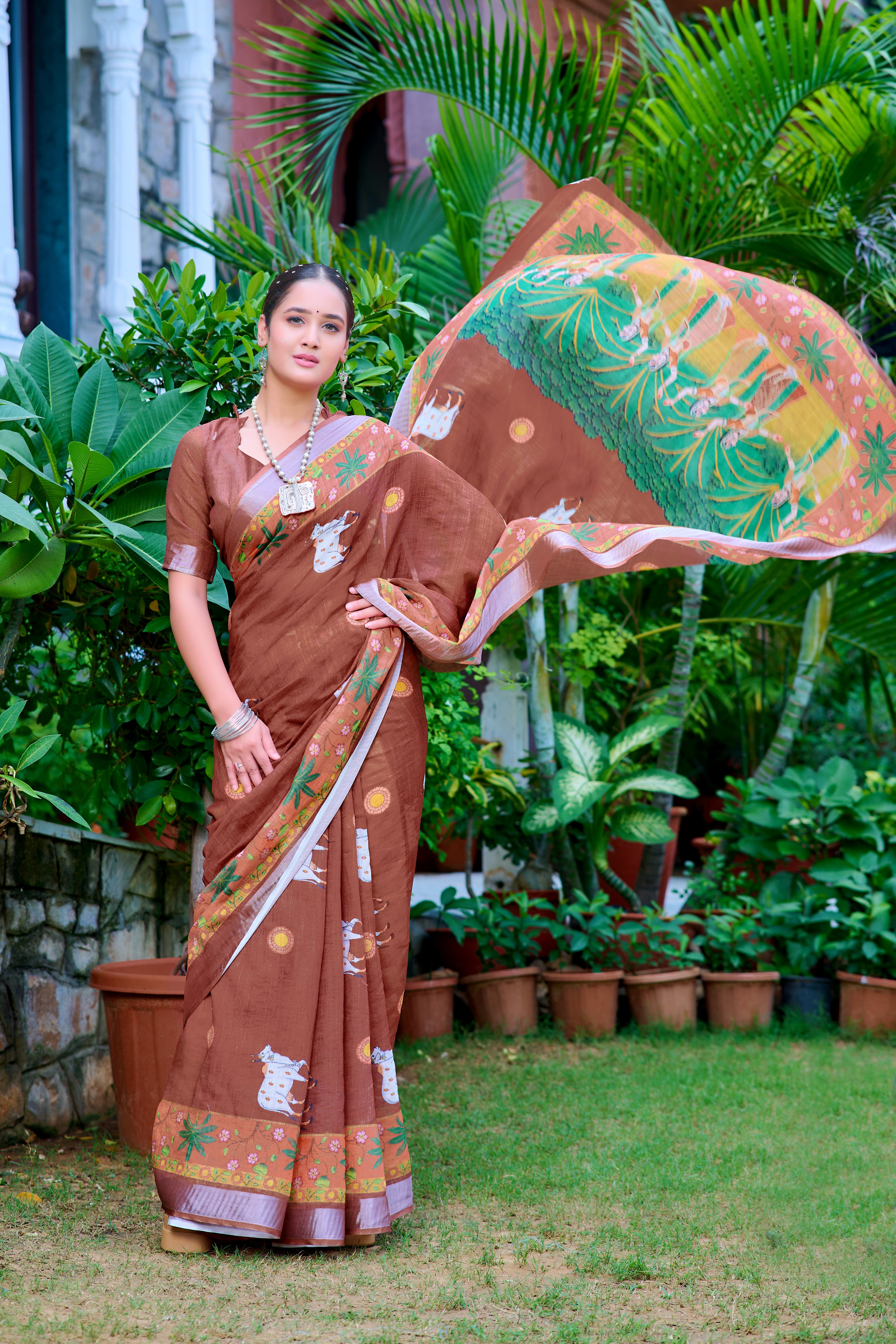 FANCY COTTON LINEN SAREE WITH SUPERB DIGITAL PRINT