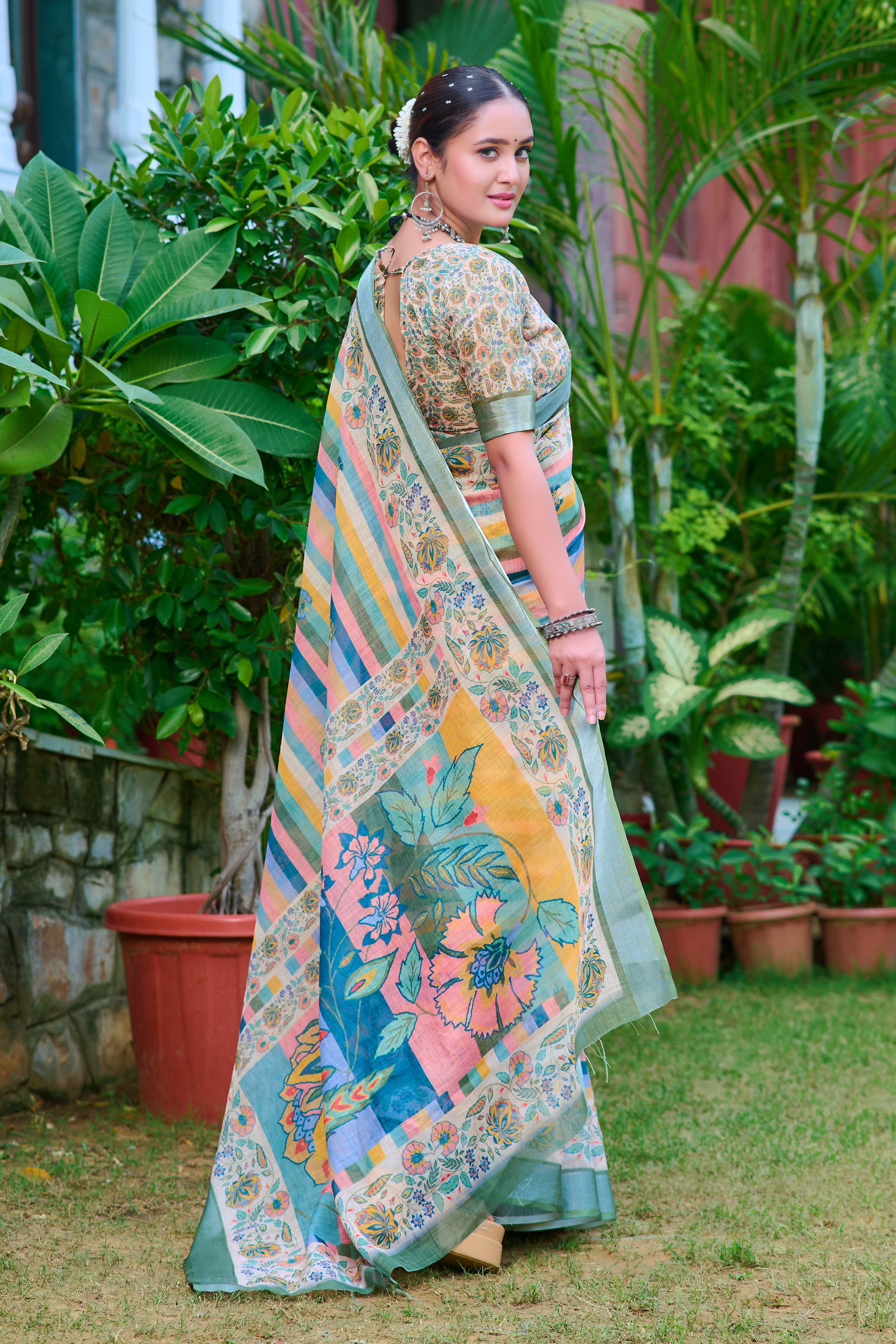 FANCY COTTON LINEN SAREE WITH SUPERB DIGITAL PRINT