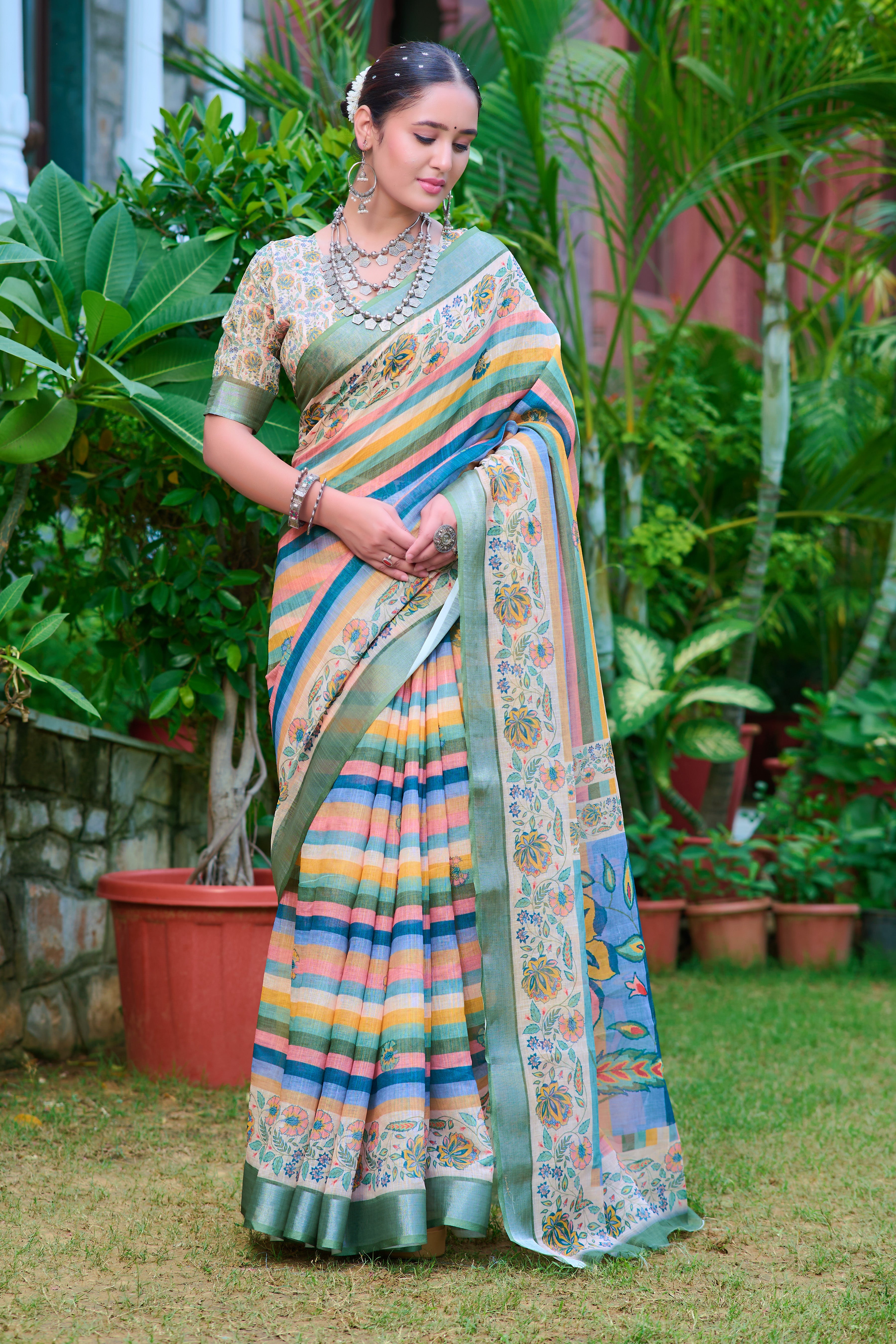 FANCY COTTON LINEN SAREE WITH SUPERB DIGITAL PRINT