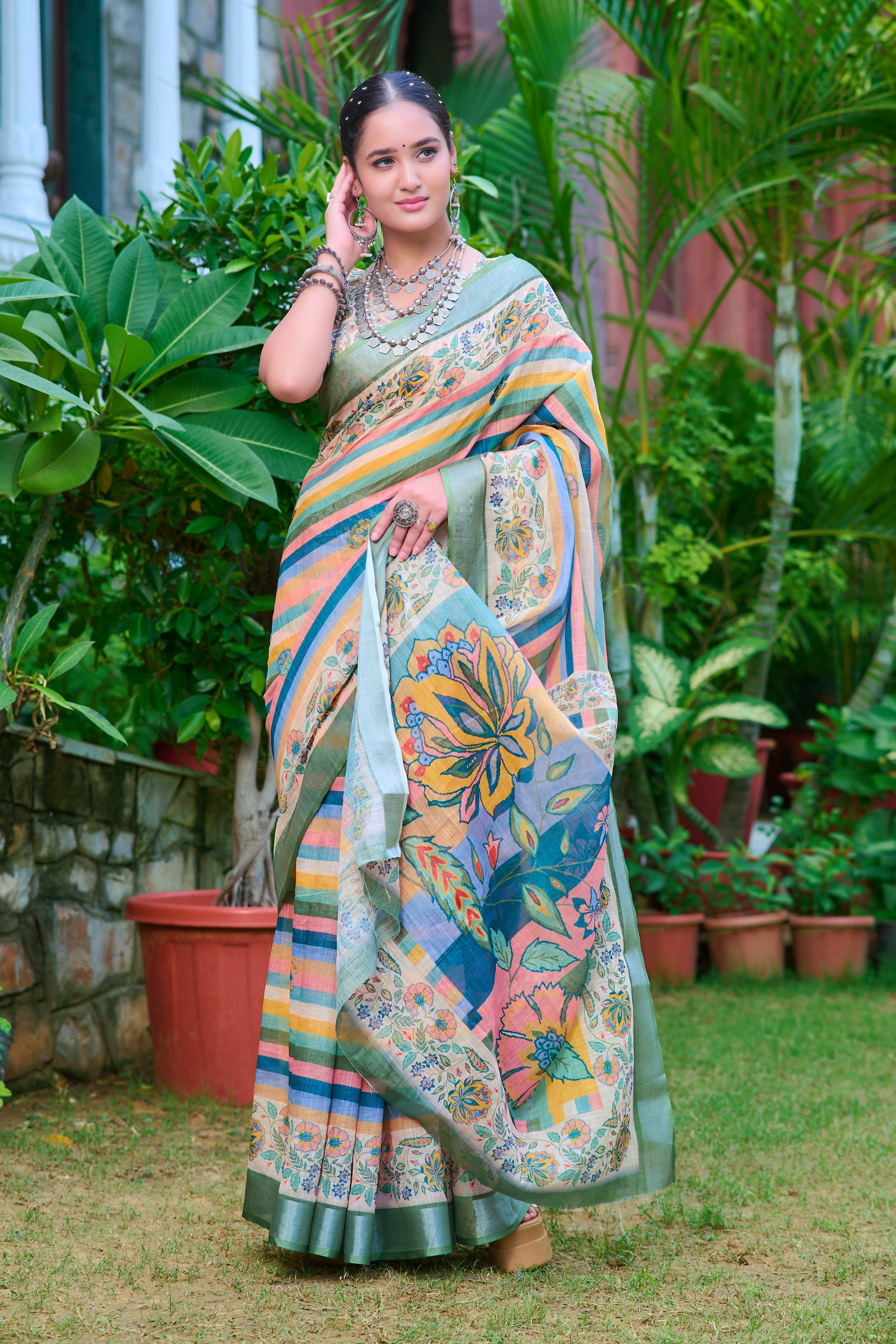 FANCY COTTON LINEN SAREE WITH SUPERB DIGITAL PRINT