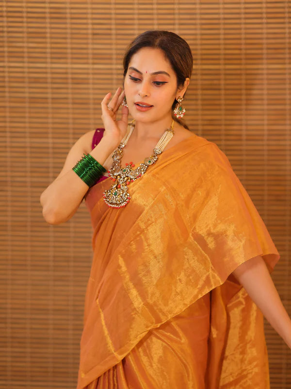 Mustard Yellow Tissue Mul Saree