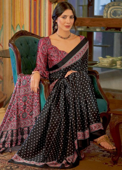 Black Bandhni New Ajrakh Printed Satin Crepe Saree