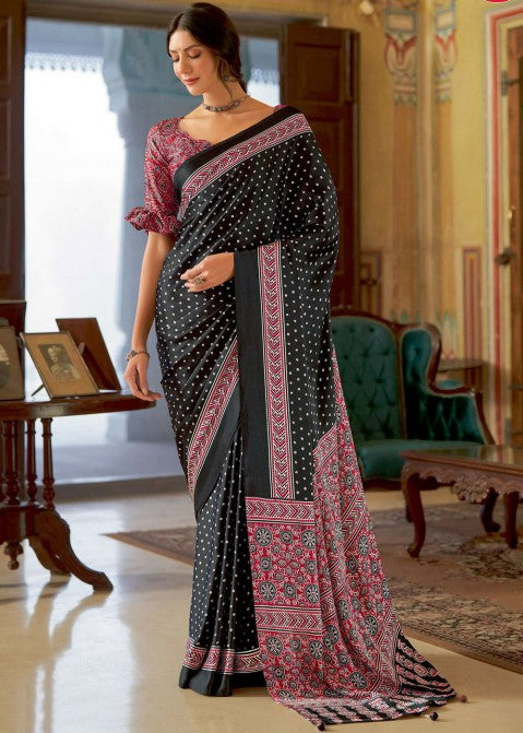 Black Bandhni New Ajrakh Printed Satin Crepe Saree