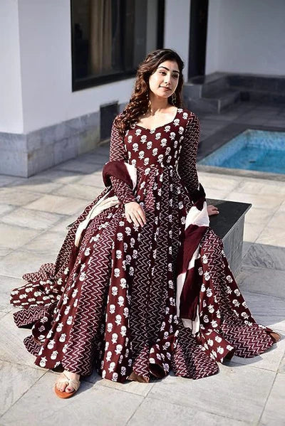 Coffee Maroon Anarkali Gown With Dupatta Set