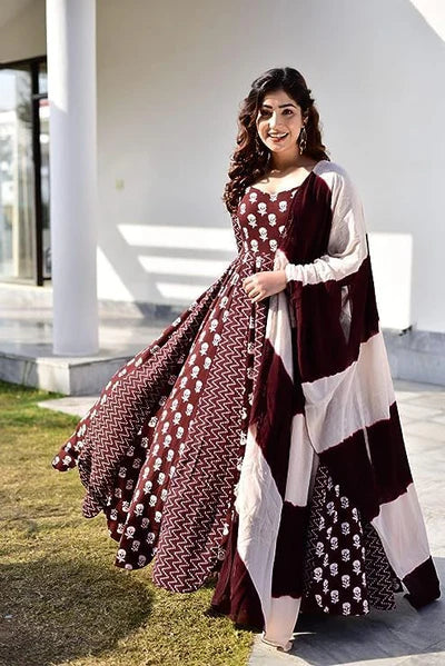 Coffee Maroon Anarkali Gown With Dupatta Set