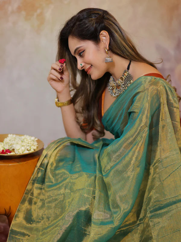 GLOD GREEN Tissue Mul Saree