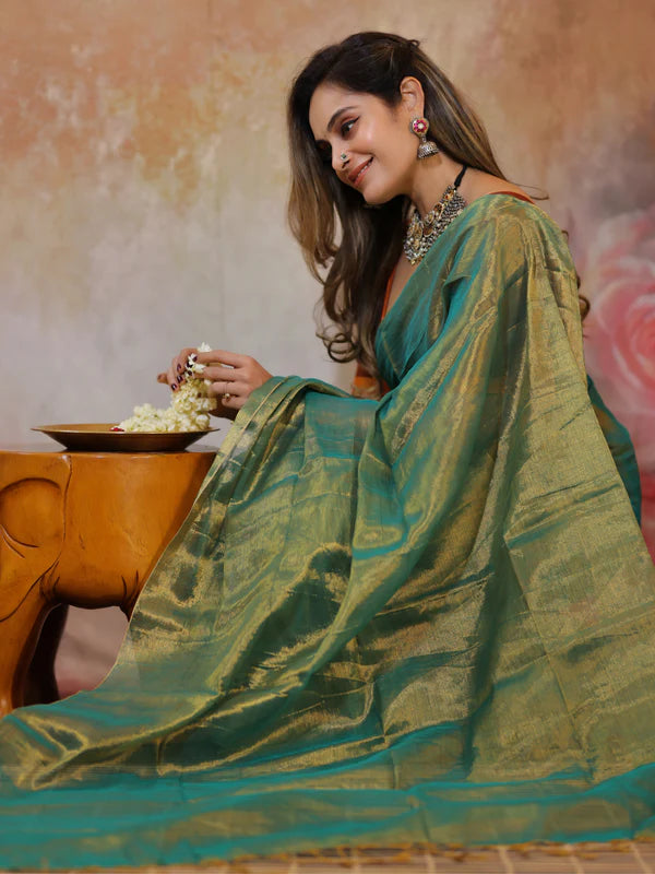 GOLD GREEN Tissue Mul Saree