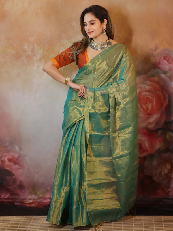 GOLD GREEN Tissue Mul Saree