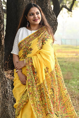 Yellow madhubani hand-painted pure linen saree