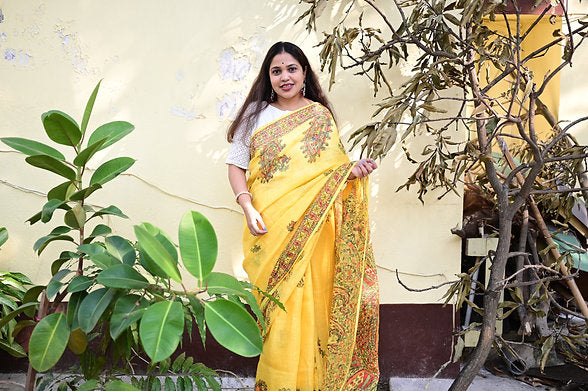 Yellow madhubani hand-painted pure linen saree