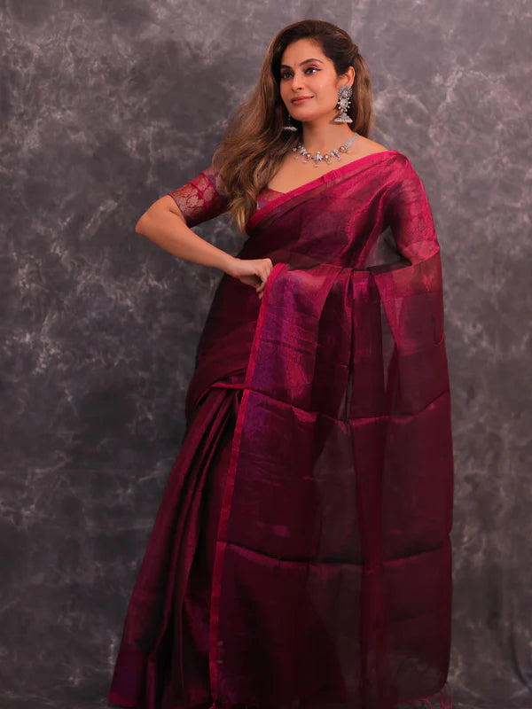 Red Tissue Mul Saree