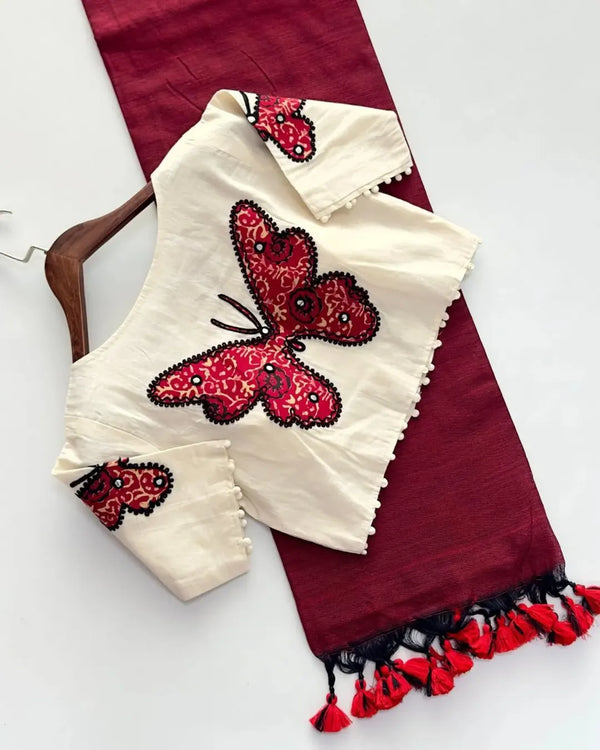 Khadi cotton saree with khadi cotton readymade blouse-Fronlioz