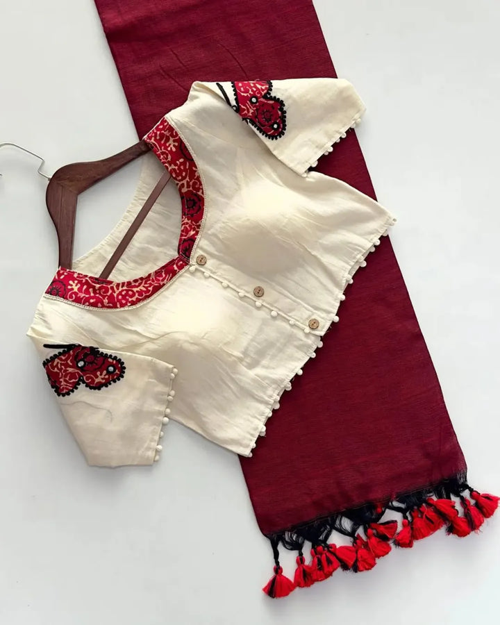 Khadi cotton saree with khadi cotton readymade blouse-Fronlioz