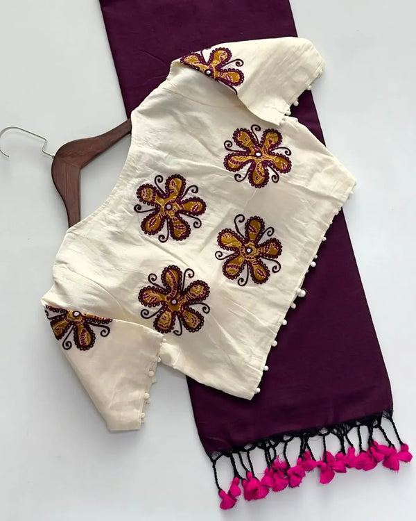 Khadi cotton saree with khadi cotton readymade blouse-Fronlioz