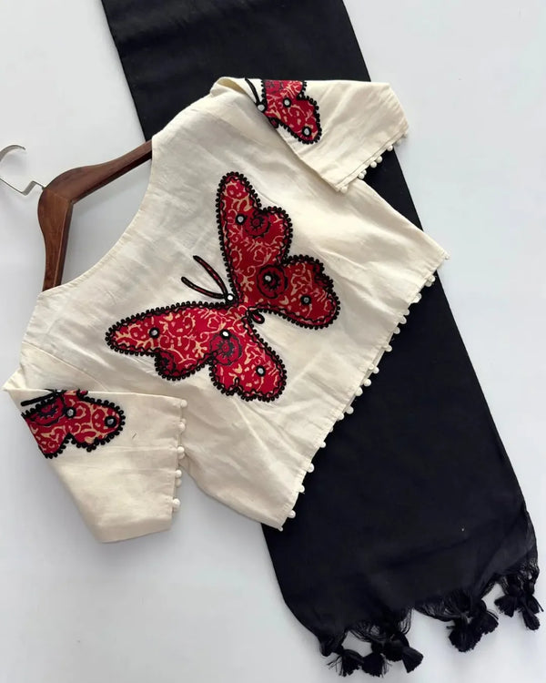 Khadi cotton saree with khadi cotton readymade blouse-Fronlioz