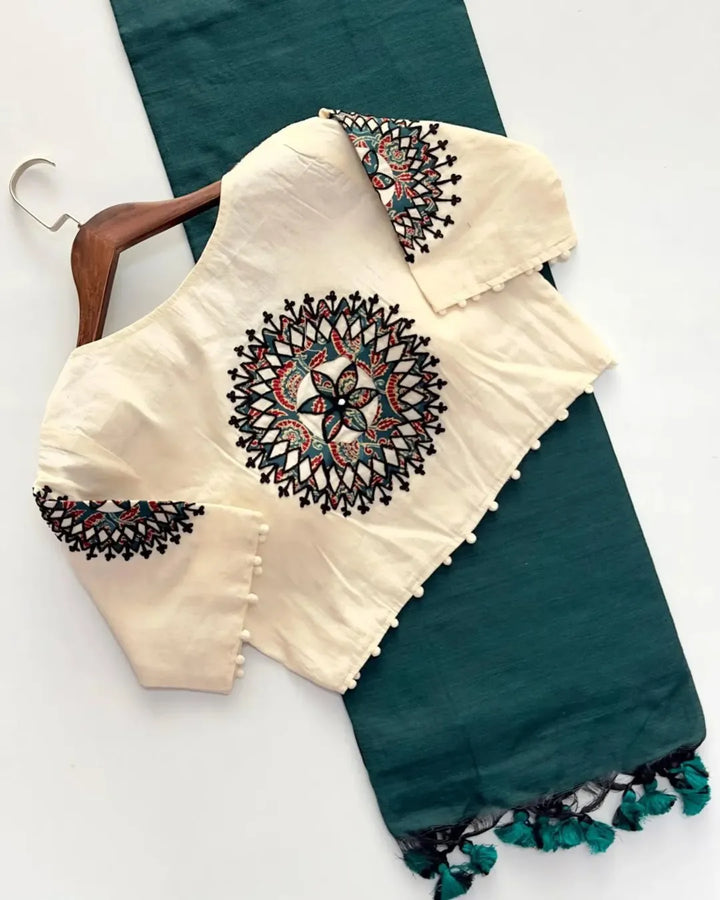 Khadi cotton saree with khadi cotton readymade blouse-Fronlioz