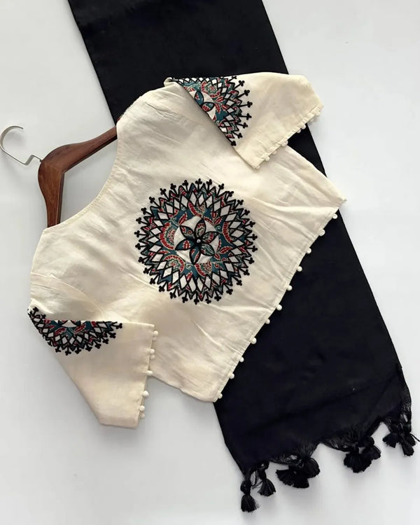 Khadi cotton saree with khadi cotton readymade blouse-Fronlioz