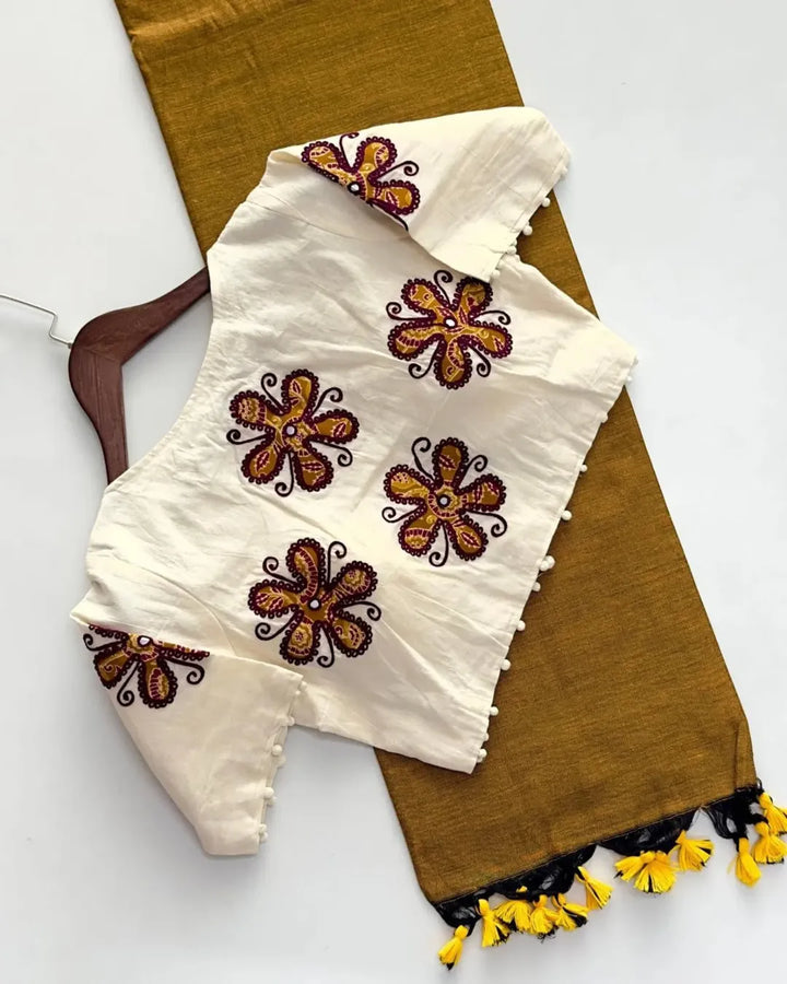 Khadi cotton saree with khadi cotton readymade blouse-Fronlioz