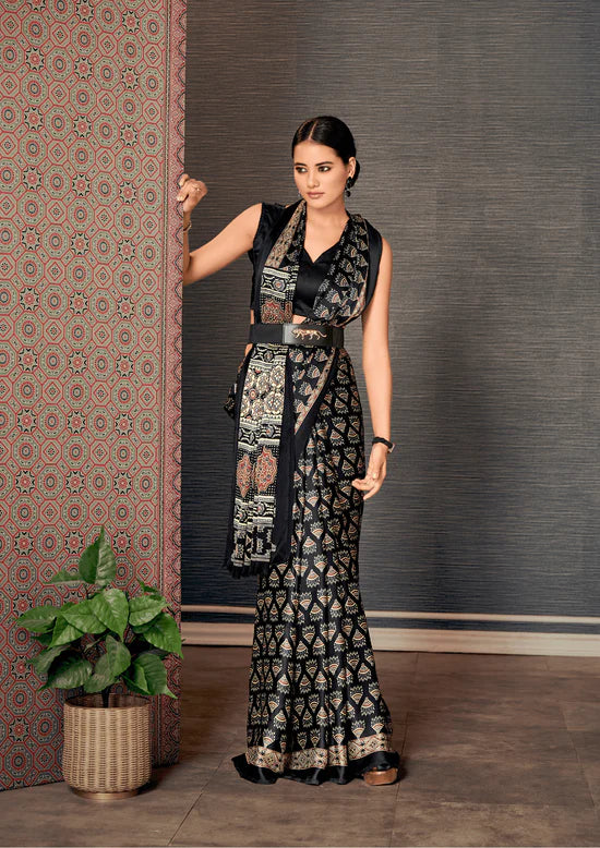 Black Satin Printed Lightweight Casual Wear Saree