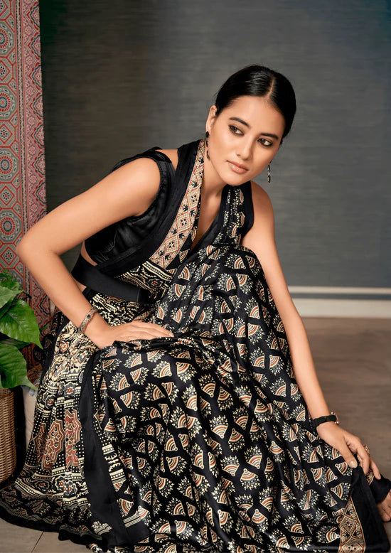 Black Satin Printed Lightweight Casual Wear Saree