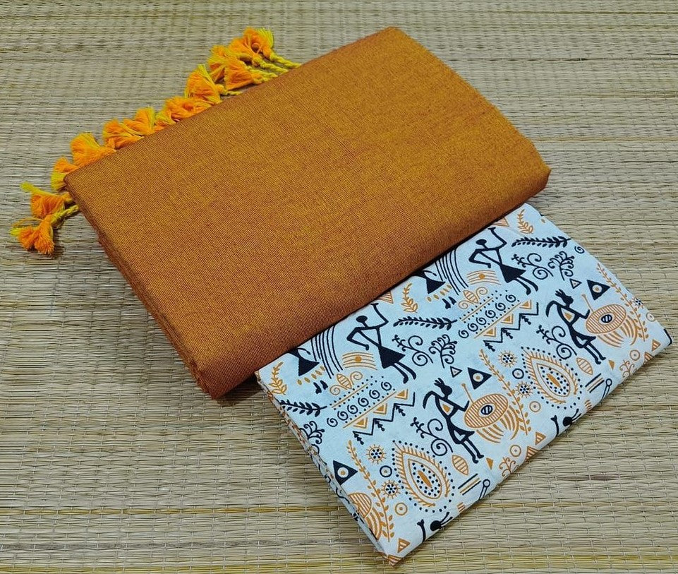 Mustard colour traditional looking chanderi cotton saree