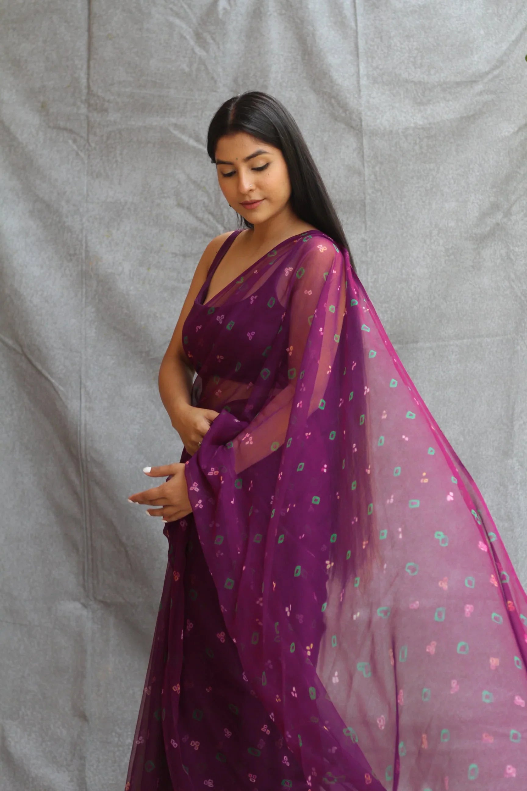 Dark Wine Georgette Bandhani Saree