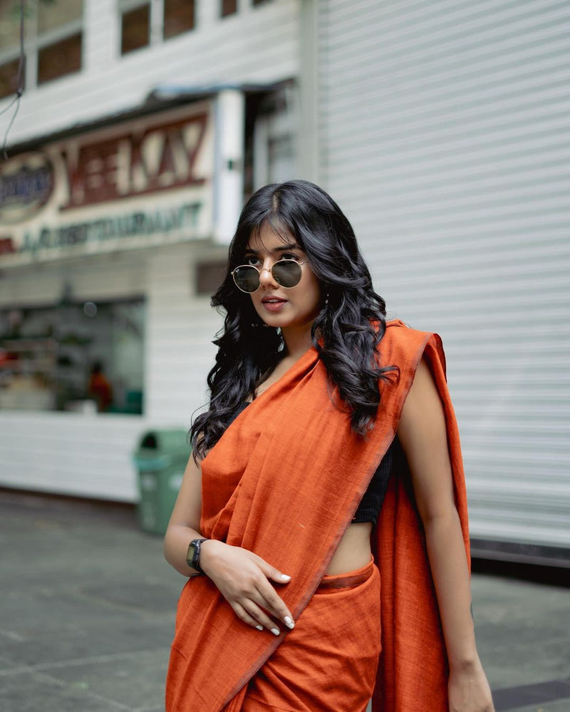 ORANGE COLOUR TRADITIONAL LOOKING CHANDERI COTTON SAREE