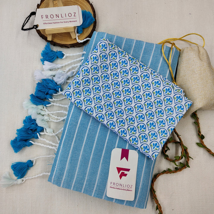 Blue Khadi Cotton Saree With Blue Designer Printed Blouse-Fronlioz