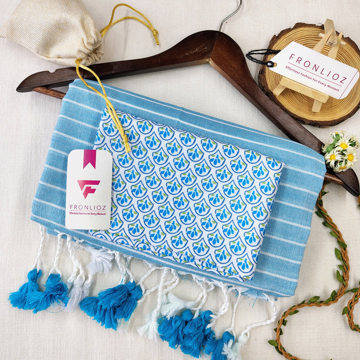 Blue Khadi Cotton Saree With Blue Designer Printed Blouse-Fronlioz