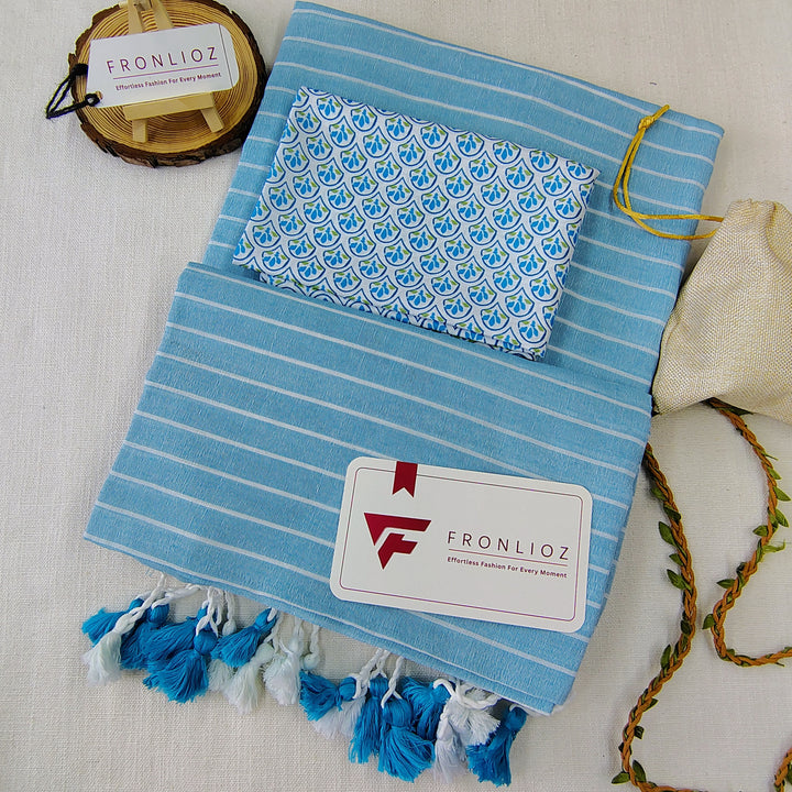 Blue Khadi Cotton Saree With Blue Designer Printed Blouse-Fronlioz