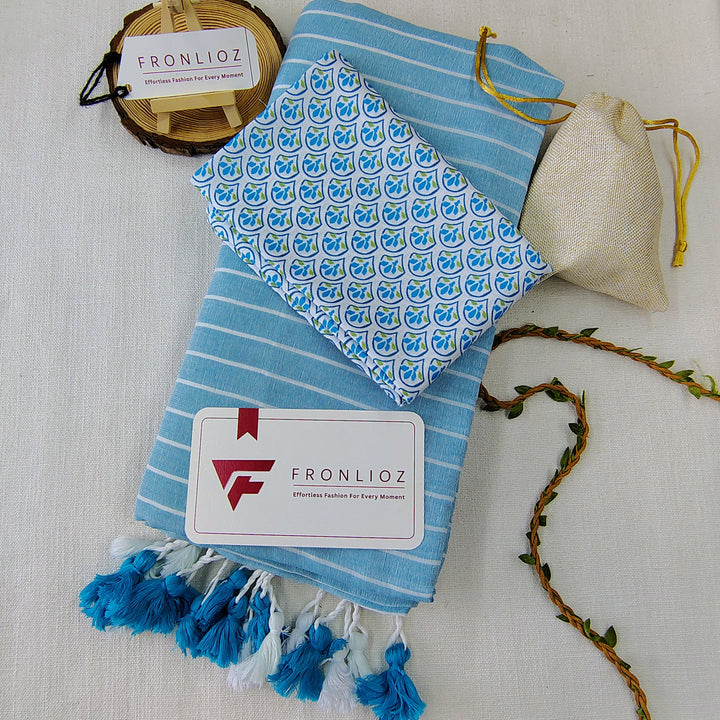 Blue Khadi Cotton Saree With Blue Designer Printed Blouse-Fronlioz