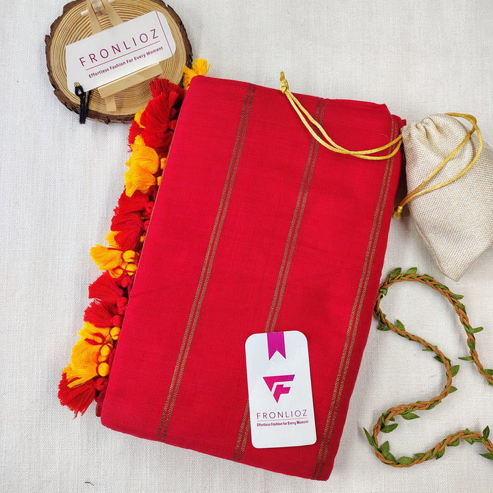 Mulcotton Stripe Pattern Saree With Matching PomPom-Fronlioz