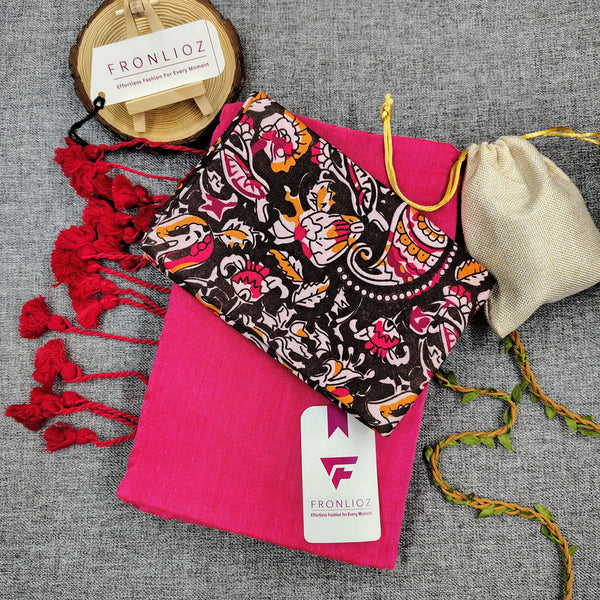 Pink Handloom Cotton Saree With Tassels & Printed Blouse-Fronlioz