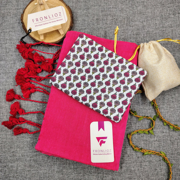 Pink Handloom Cotton Saree With Tassels & Printed Blouse-Fronlioz