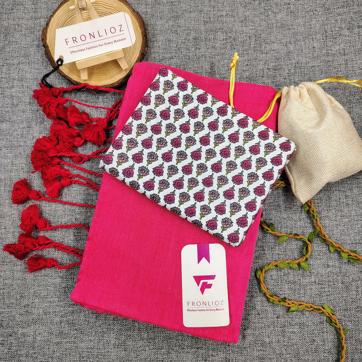 Pink Handloom Cotton Saree With Tassels & Printed Blouse-Fronlioz