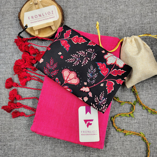 Pink Handloom Cotton Saree With Tassels & Printed Blouse-Fronlioz