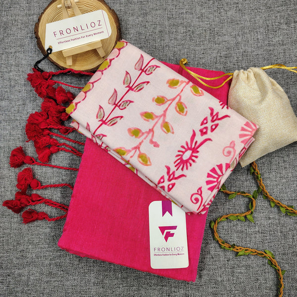 Pink Handloom Cotton Saree With Tassels & Printed Blouse-Fronlioz