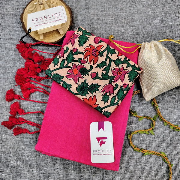 Pink Handloom Cotton Saree With Tassels & Printed Blouse-Fronlioz