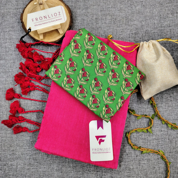 Pink Handloom Cotton Saree With Tassels & Printed Blouse-Fronlioz